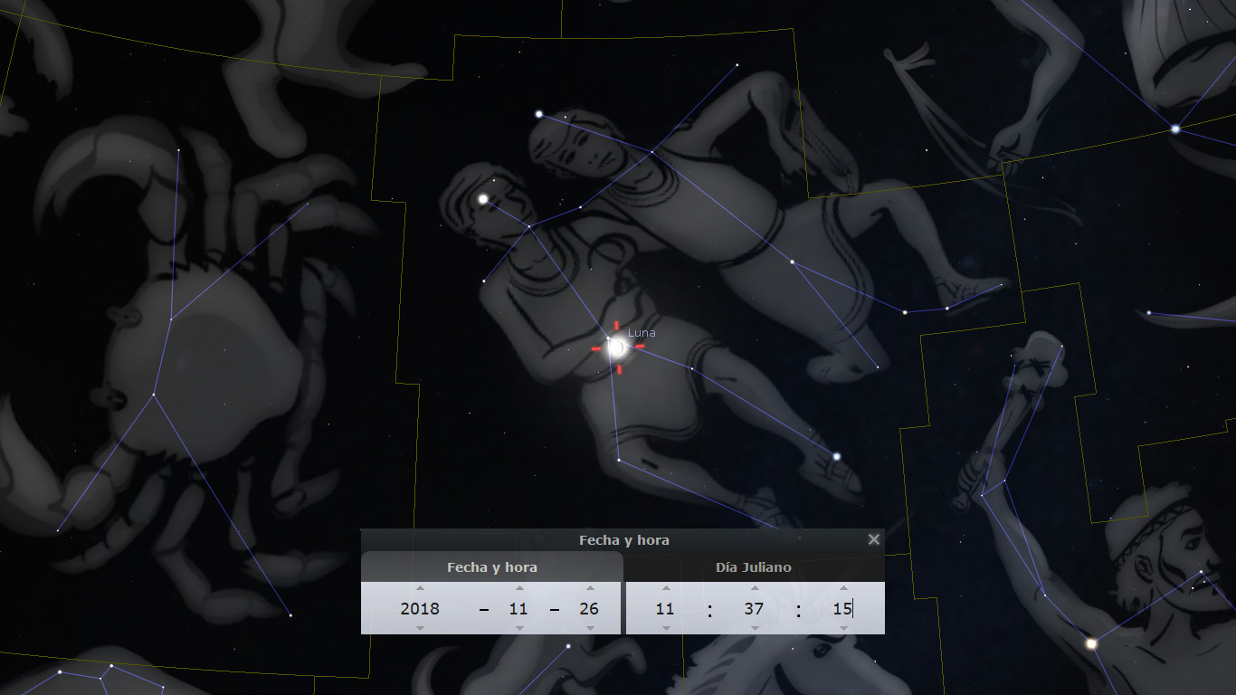 Ilustración digital del cielo nocturno que muestra varias constelaciones con líneas conectando estrellas para formar figuras humanas y animales. La Luna está marcada y brilla intensamente. La imagen incluye datos de fecha y hora en la esquina inferior izquierda mostrando "2018 - 11 - 26, 11:37:15".