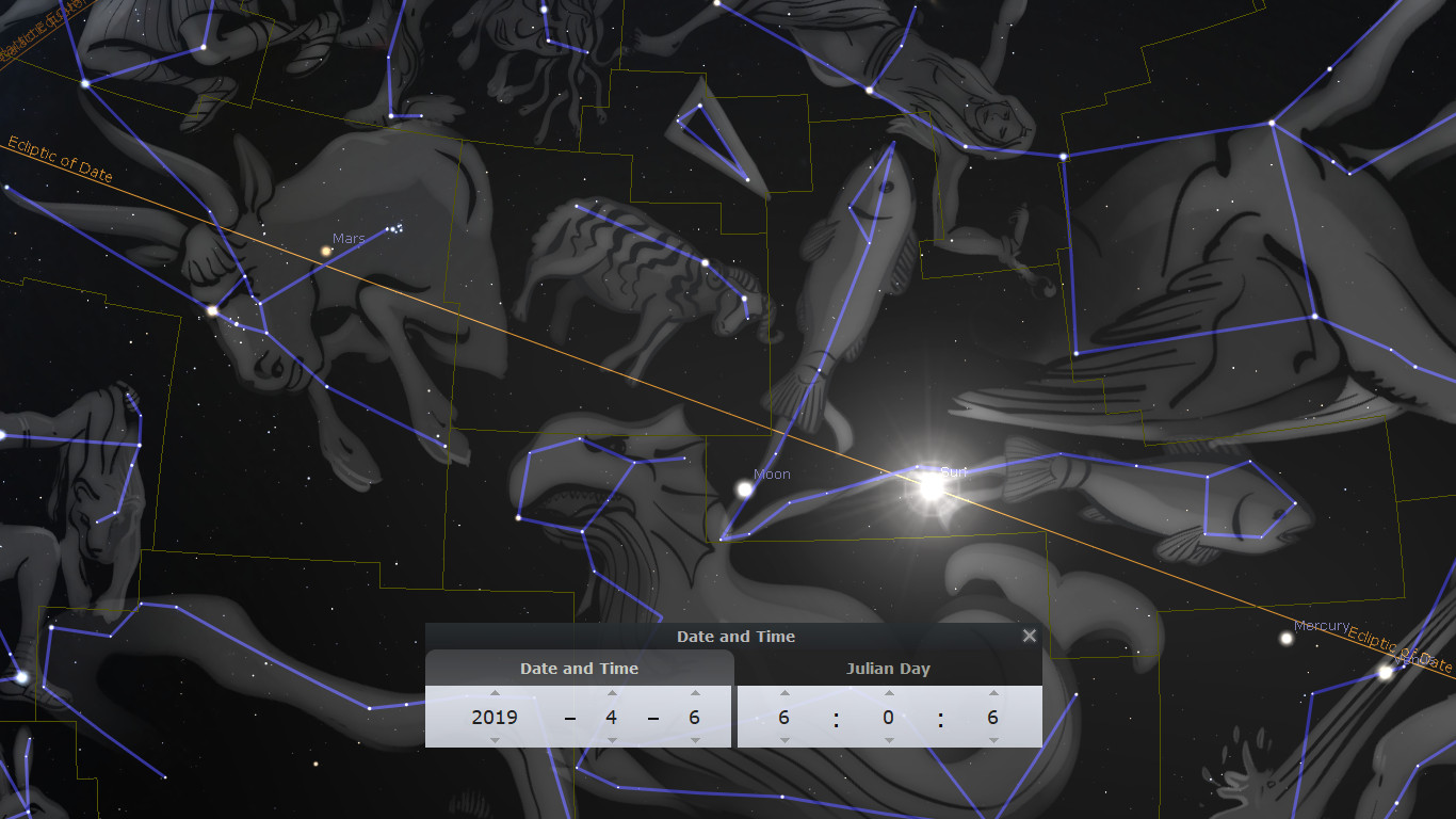 A digital rendering of the night sky showing various celestial constellations with intricate line drawings connecting stars to form figures like humanoids and animals. Visible celestial bodies include Mars, the Moon, and the Sun, surrounded by labeled coordinates. A date and time panel displays "2019-4-6" with the corresponding Julian day.