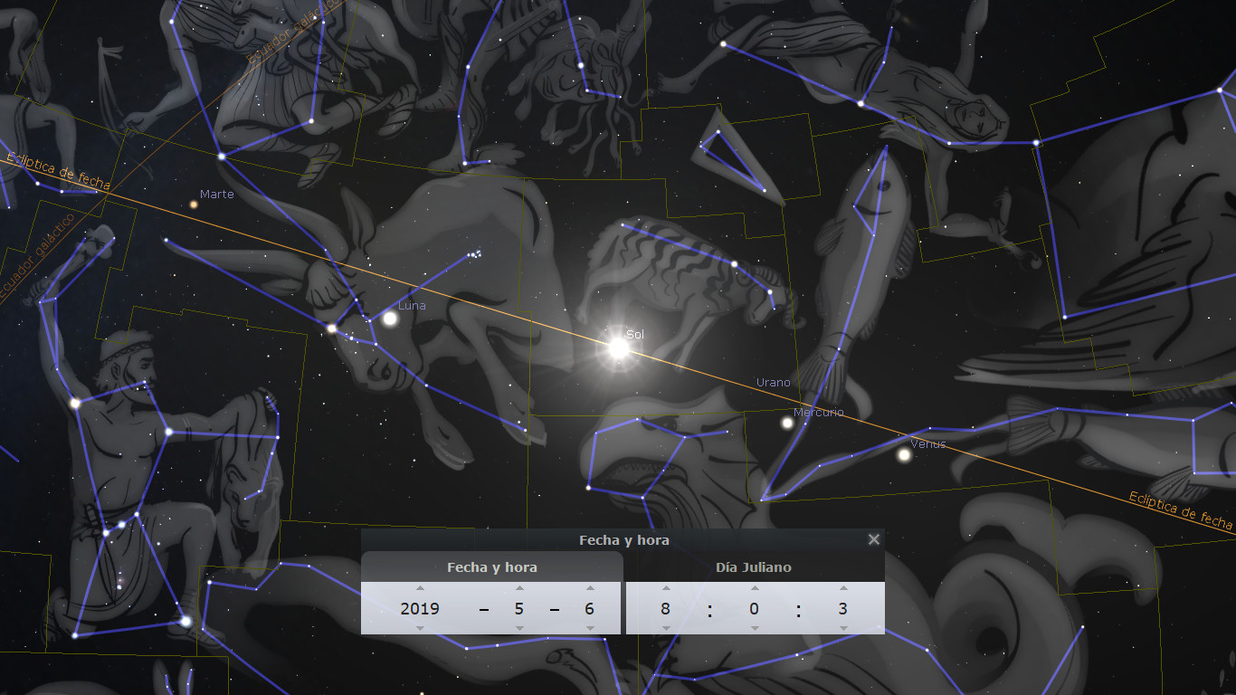 Vista de un mapa estelar interactivo que muestra varias constelaciones conectadas por líneas azules. Se observan los nombres de los planetas como Marte y Urano, y otros cuerpos celestes como la Luna y el Sol destacados. Figuras mitológicas oscuras adornan el fondo, elegidos de la Mazzaroth, con un enfoque visual en el brillo de una estrella central.