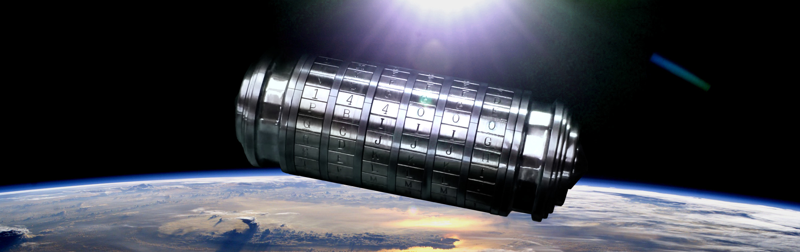 A cylindrical object with multiple rotating sections, each inscribed with letters and numbers, floats in outer space, illuminated by the sun with Earth’s horizon visible below.