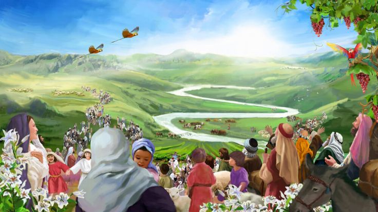 A vibrant painting depicting a diverse gathering of people in a lush, green valley. Groups are seen celebrating amid abundant wildflowers, under a clear blue sky. Birds fly overhead, and a winding river flows through the valley enhancing the picturesque landscape.