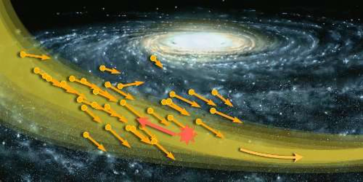 Artistic representation of multiple golden figures traveling along a curved path in space, with a detailed galaxy featuring spiral arms in the background. One figure in red stands out among the others.