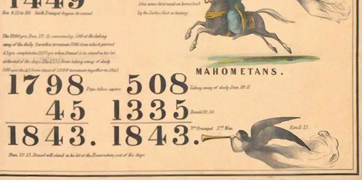A historic illustration featuring a sequence of numbers in various fonts and sizes with annotations. The upper section includes an illustration of a horse rider identified as "Mahometans" from a biblical era. Below is an image of a fallen figure beneath a celestial being depicted as an angel or representative of the Mazzaroth, correlating to biblical references from Ezekiel 1:5.