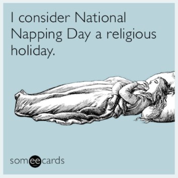 Illustration of a person lying down while comfortably draped in a long flowing garment, reminiscent of classical styles found in traditional biblical imagery, accompanied by the text "I consider National Napping Day a religious holiday."