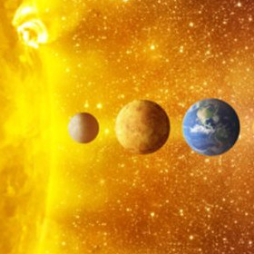 A vibrant depiction of the solar system showing the Sun and three planets aligned; Mercury, Venus, and Earth against a starry backdrop.
