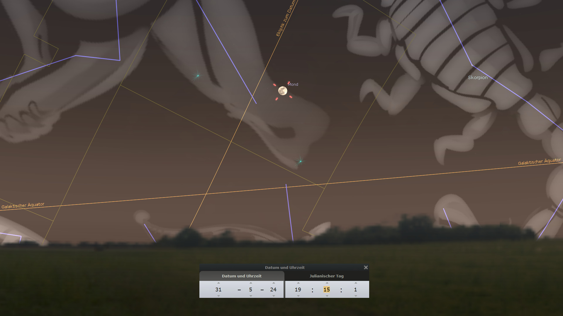 Nachtansicht eines digitalen Sternenhimmels mit sichtbaren Elementen der Mazzaroth, darunter symbolische Darstellungen eines Krebses und eines Skorpions, umgeben von verschiedenen Linien, die astronomische Koordinaten wie den galaktischen Äquator kennzeichnen. Im Zentrum ist der Mond dargestellt, eingefasst von zwei leuchtenden Sternen.