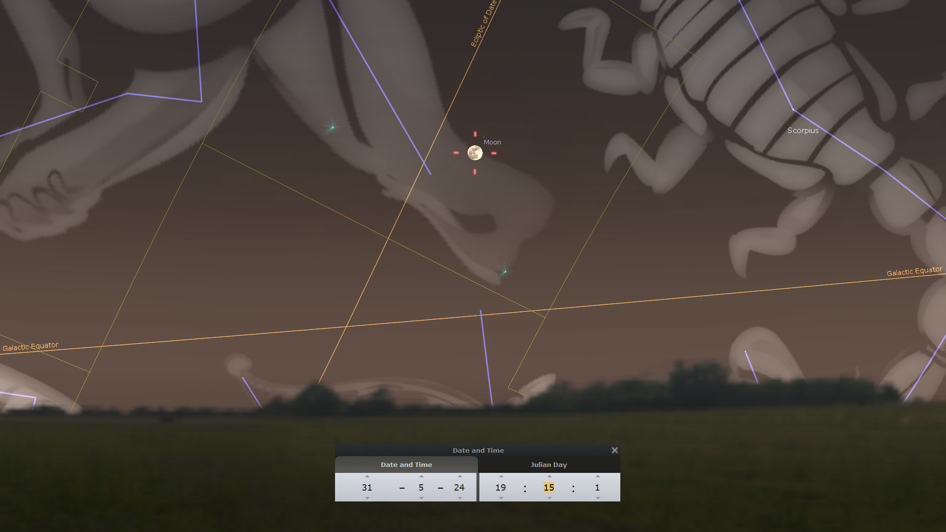 A computer-generated image displaying the nighttime sky with outlines of celestial constellations over a dark landscape. Notable constellations near the galactic equator, such as a scorpion figure, are connected by blue lines, while the Moon is annotated and highlighted in red. A graphical overlay shows coordinates and a date and time dialog box notes the observation time.