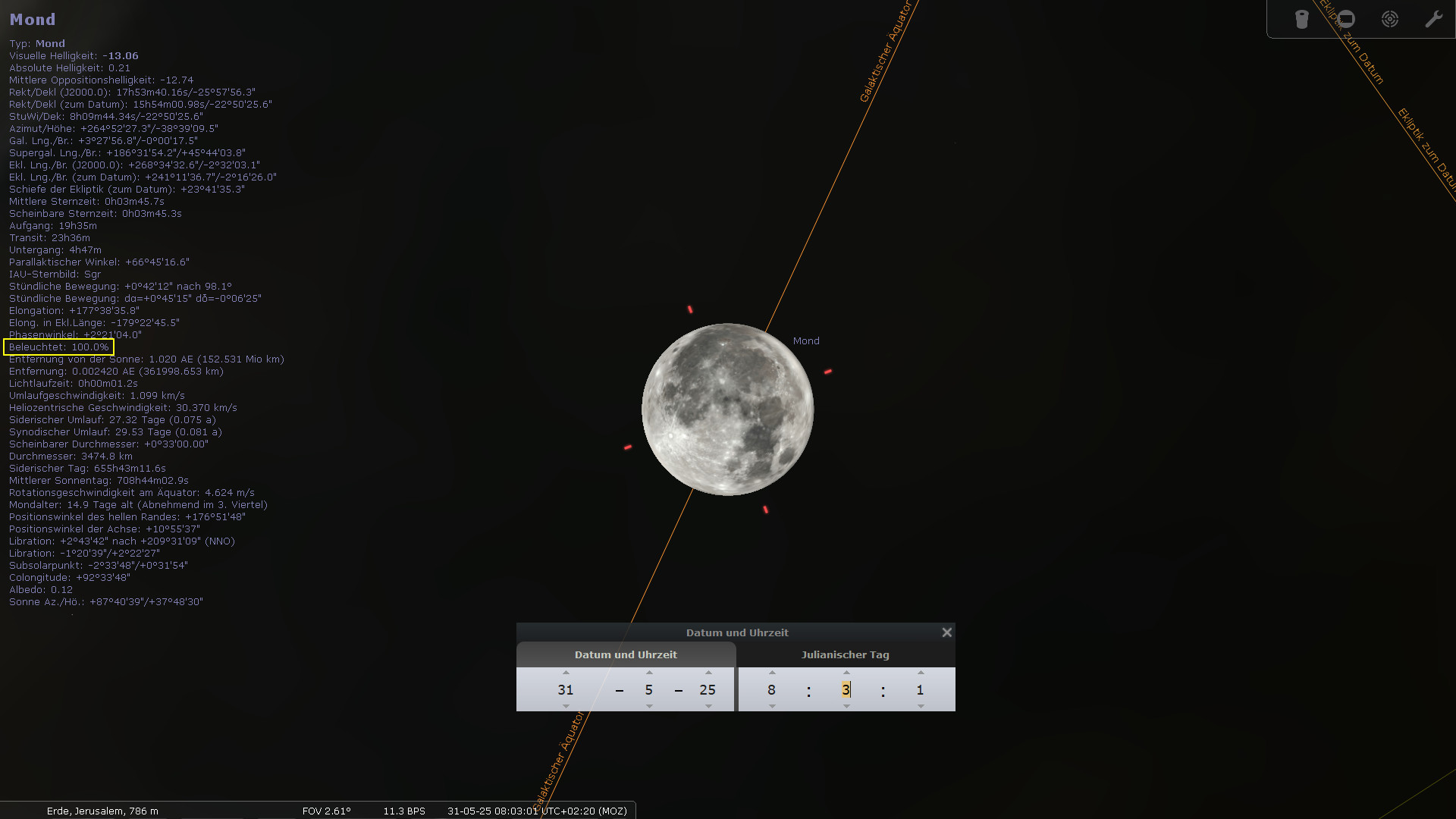 Detaillierte astronomische Darstellung des Mondes in einer Softwareanwendung für Himmelsbeobachtungen. Sichtbar sind die strukturellen Merkmale des Mondes und Hinweise auf seine Position im Himmel über Jerusalem. Angaben zu Datums- und Uhrzeitangaben sind im unteren Teil des Bildes zu sehen.