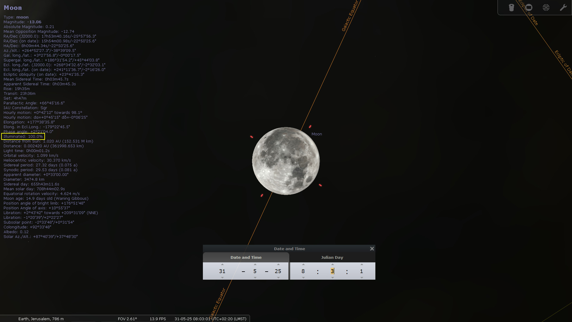 Detailed astronomical visualization featuring the Moon centered on the screen, illuminated and depicted with a highly detailed surface under a starless black background. Various scientific metrics related to the Moon's position, distance, and astronomical characteristics are displayed in text format to the left side of the image, along with date and time settings at the bottom right.