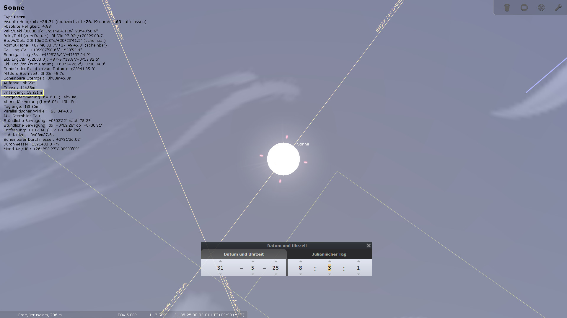 Astronomische Simulationsansicht der Sonne, umgeben von verschiedenen Informationsfeldern, die wissenschaftliche Daten anzeigen wie Typ, visuelle Helligkeit und Position im Raum, auf einem schematisch dargestellten Himmelskoordinatensystem.