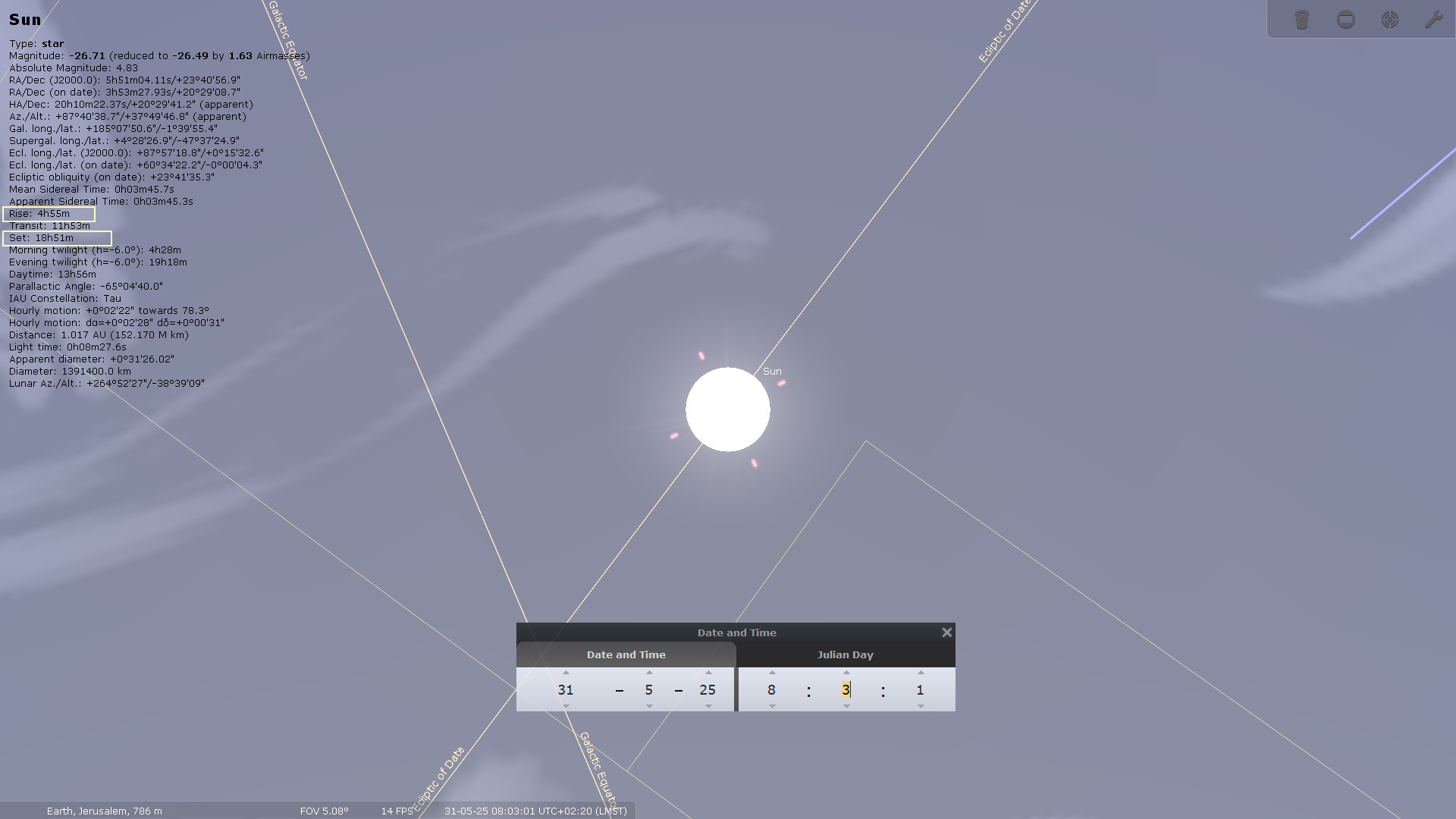 A detailed astronomy software screenshot displaying the Sun centered in a blue sky gradient, overlaid with numerous scientific measurements and coordinates related to the Sun's position, movement, and brightness. Visual stellar trajectories and interface elements for adjusting date and time are visible, showing the Sun's engagement with the celestial sphere.