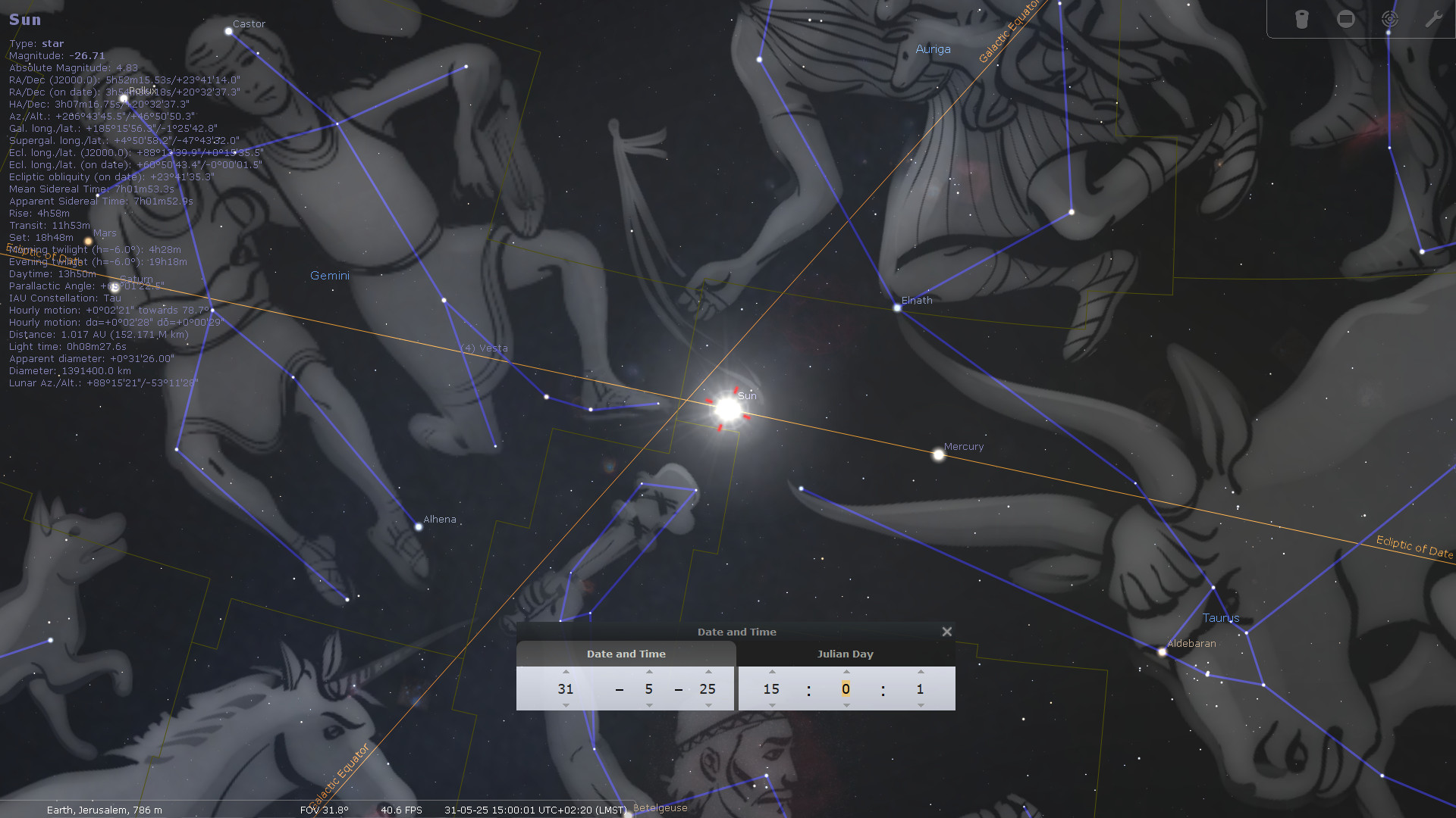 A detailed star map displaying the sun amidst the Mazzaroth constellations overlaid on an astronomical software interface. Various constellations are labeled with scientific astronomical guides outlining celestial positions, with graphical representations of mythological figures associated with each constellation. Key celestial bodies such as Mercury are highlighted, and technical data regarding solar specifics and date settings appear in overlays.