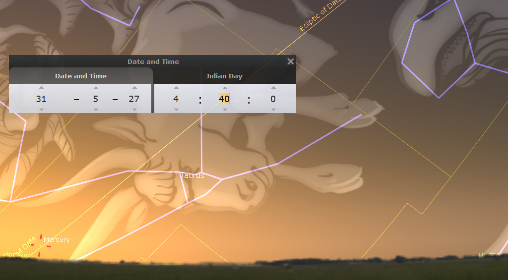 Computer-generated illustration depicting a digital overlay of constellations on a dusk scenery. The interface displays a 'Date and Time' setting indicating May 31, 2027, at 4:40 and 0 seconds, Julian Day 0. Beneath are astrological labels repurposed to depict constellations commonly referred to in the Mazzaroth, with highlighted outlines forming abstract shapes in the sky.