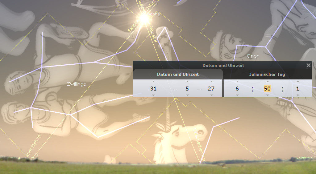 Graphische Darstellung der Himmelskonstellationen und der Sterne auf einem digitalen Overlay, darunter eine Landschaft im Dämmerlicht. Zwei menschliche Figuren sind durch Linien verbunden, die eine Konstellation aus dem Mazzaroth repräsentieren. Im Vordergrund ein fensterähnliches Overlay mit Datum, Uhrzeit und Julianischem Tag.