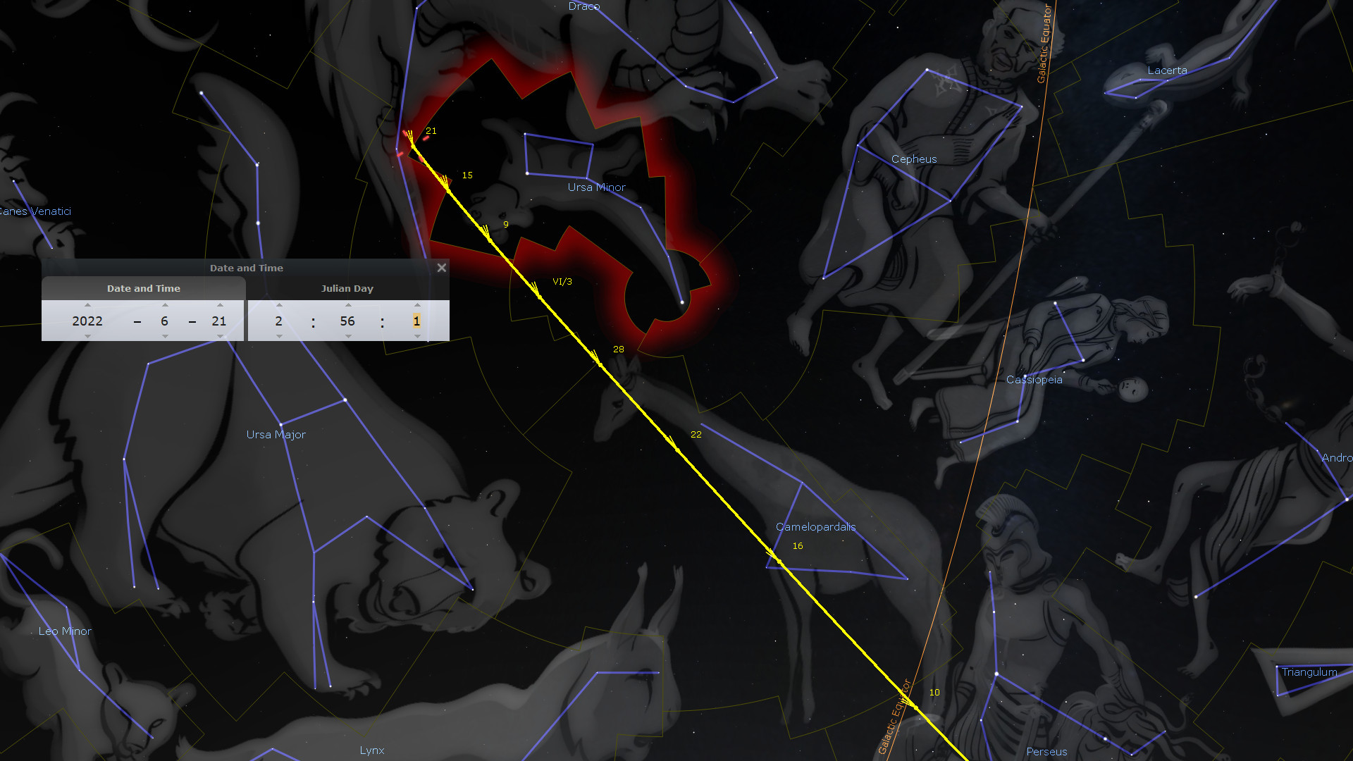 Digital representation of celestial configurations including iconic constellations like Ursa Major, Ursa Minor, and Cepheus. The image illustrates constellations overlaid on a dark sky as stylized figures connected by blue lines, with highlighted areas and a background featuring stellar coordinates and a date and time interface showing June 21, 2022.