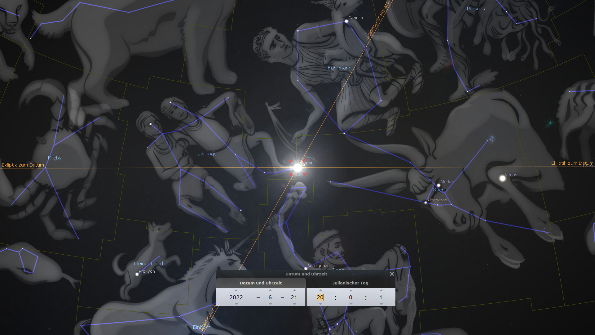 Ein astronomisches Bild zeigt eine interaktive Darstellung von Sternenbildern nach der Mazzaroth mit markanten Verbindungslinien zwischen den Sternen. Dargestellte Sternbilder umfassen den Fuhrmann, Orion und den Zwillinge. Beschriftungen hervorheben relevante Sternennamen und astronomische Positionen. Zusätzlich sind Planeten wie Venus und Merkur verzeichnet. Das Bild enthält auch ein Datums- und Uhrzeiteinstellungsfenster, das den 21. Juni 2022 anzeigt.