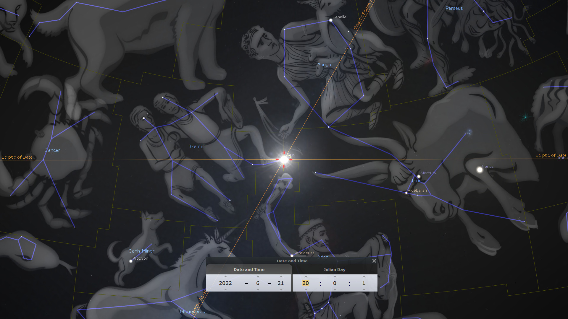 A detailed celestial map depicting various constellations connected by blue lines against a dark sky background. The sun is brightly highlighted at the center, and surrounding it are illustrations of figures and animals representing different constellations such as Cancer, Gemini, and Taurus. Notable stars like Capella, Betelgeuse, and Procyon are labeled, along with planets Mercury and Venus visible near the ecliptic.