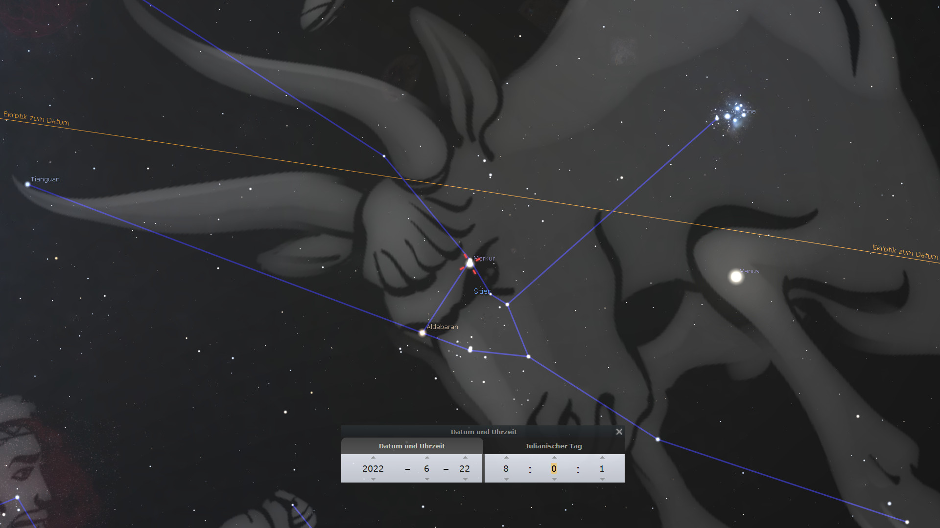 Ein Blick auf eine digitale Sternkarte, die Mazzaroth-Bilder mit überlagerten Linien zeigt, die Sterne und Planeten verbinden, darunter Merkur und Venus. Die gelbe Linie stellt die Ekliptik dar, die blaue Linie zeigt die Linie zum aktuellen Datum.