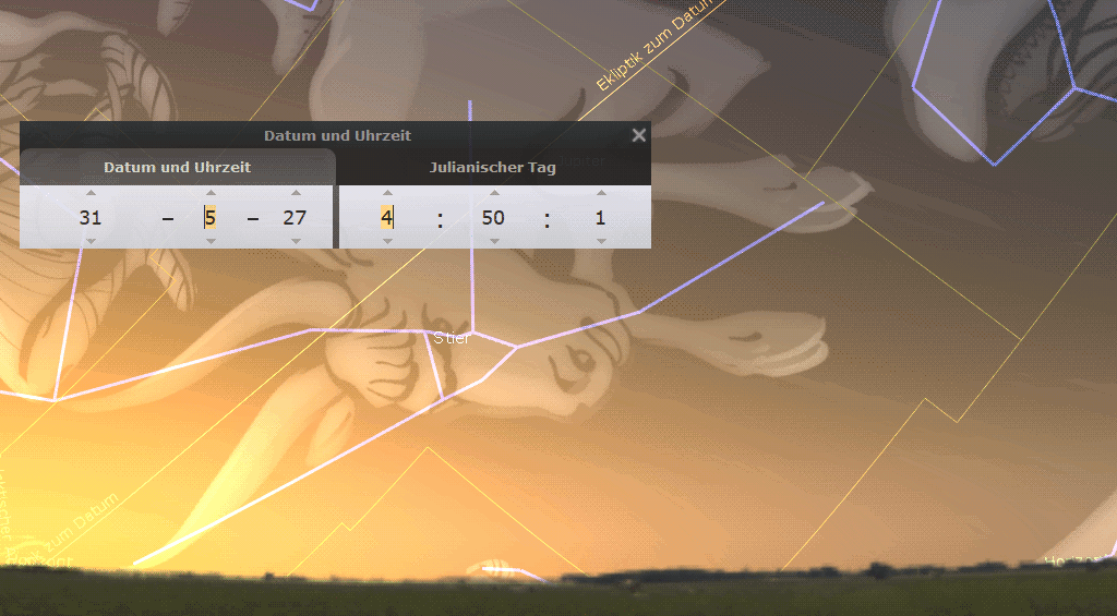 Computer interface depicting an astronomical chart with marked lines and celestial references possibly derived from the Mazzaroth, overlaying a gradient background. Overlapped by interface panels detailing Julian dates and coordinates, with highlighted reference to a celestial entity.