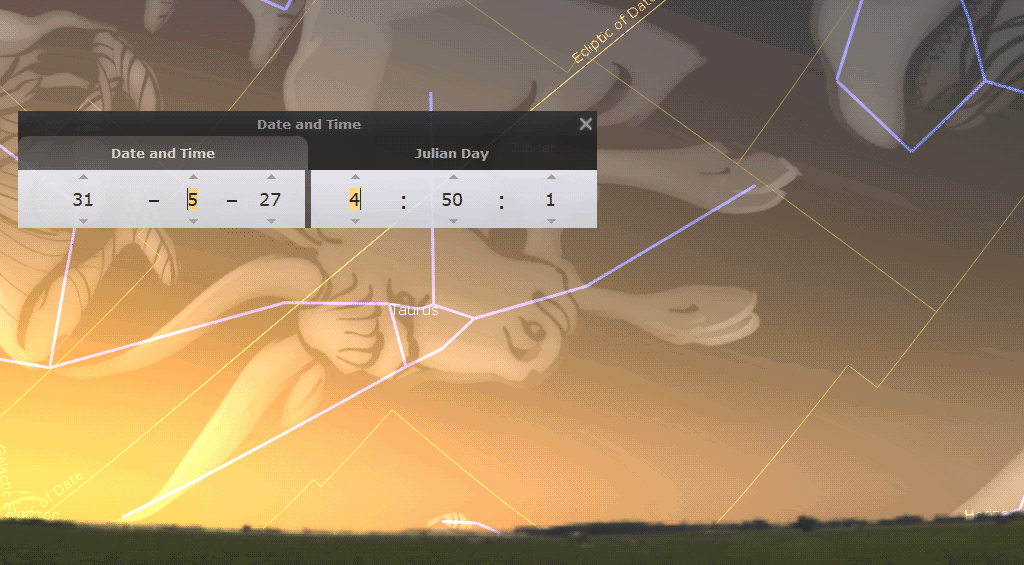 A digital illustration depicting an advanced celestial configuration over a serene landscape at dusk. The overlay includes interactive elements showing specific dates, time settings, and celestial object selections like Jupiter, infused with an aesthetic of geometrical lines and warm, golden hues. A faded representation of the Mazzaroth in the form of a bull is depicted.
