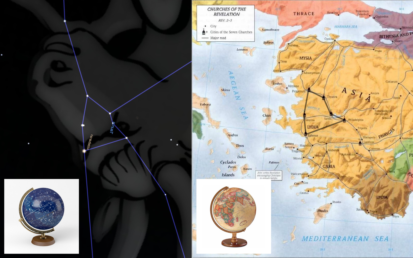 Ein zusammengesetztes Bild mit einer Himmelsdarstellung mit hellen Sternen über einer dunklen, einem Stier ähnelnden Silhouette, einer Karte mit der historischen biblischen Geographie in Braun- und Rottönen, auf der Städte und Regionen rund um die Ägäis verzeichnet sind, und zwei Globen, von denen einer eine Himmelskarte und der andere eine politische Erdkarte zeigt.
