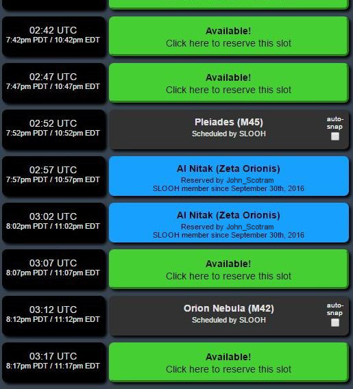 Screenshot of an online reservation system for astronomical observation time slots. Blocks of time are listed with identifying codes and available options to click and reserve time. Some time slots already list heavenly bodies like Pleiades (M45), Zeta Orionis, and the Orion Nebula (M42) as scheduled by various users.