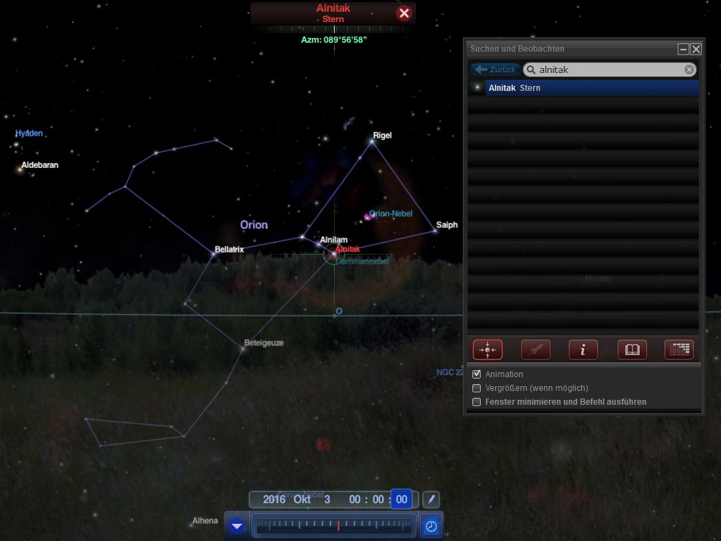 A computer-based star mapping application shows a starry night sky featuring the constellation commonly referenced in the Mazzaroth as Orion, highlighted with connected lines forming its shape. Prominent stars like Betelgeuse and Bellatrix are labeled, and a segment of the application's search function is visible, focusing on a star named Alnitak.