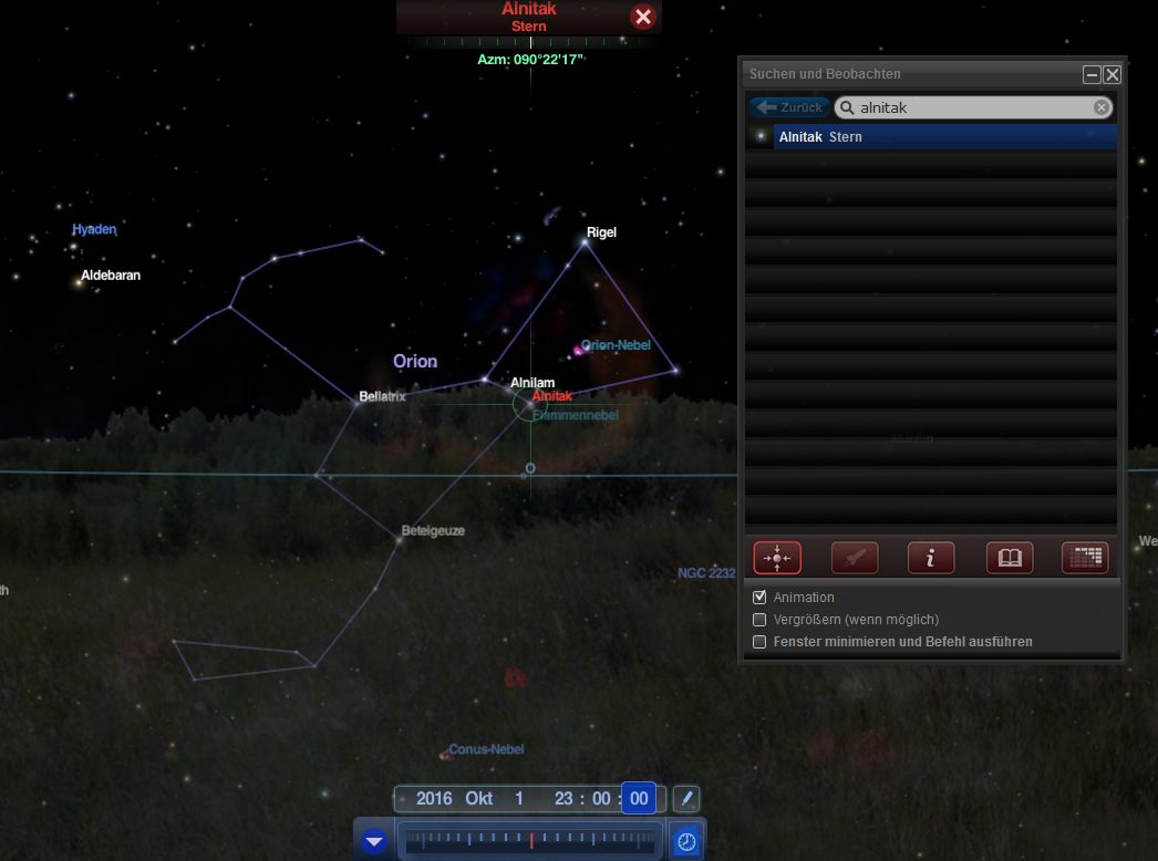 Screen capture of a celestial simulation showing the constellation Orion against a starry night sky with various named stars such as Betelgeuse, Rigel, and Bellatrix clearly marked. A user interface on the right displays a search field with "Alnitak Stern" entered, a navigation bar with various icons below, and the time-stamp of the simulation set to "2016 Okt 1 23:00."