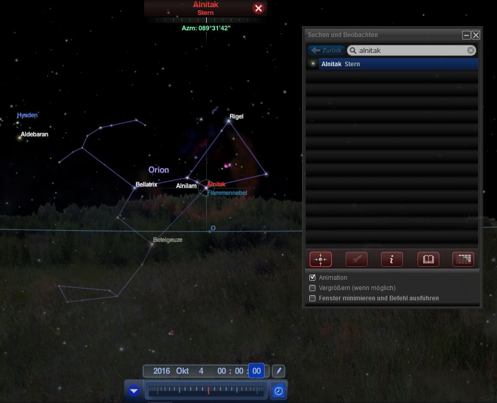 A digital astronomy software screenshot showing a starry night sky with the constellation Orion marked by lines connecting its main stars. The interface shows a search result for the star Alnitak, highlighted within the constellation, alongside other features like the Flame Nebula. There's a timestamp indicating "2016 Oct 4 00:00" at the bottom.
