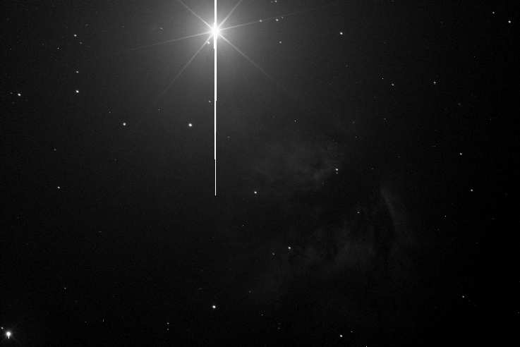 A bright star captures the focus in this monochrome astronomical photograph, emitting a brilliant flare and vertical light streak across a backdrop speckled with numerous lesser stars and a faint nebular formation.