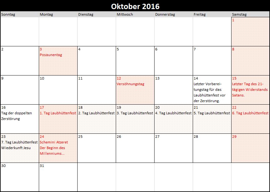 Ein Kalender für den Monat Oktober 2016 mit spezifischen Terminen und Bezeichnungen der Tage gemäß biblischen und traditionellen Events markiert. Es sind Tage wie Posaunentag, Versöhnungstag und Schmini Atzeret hervorgehoben.