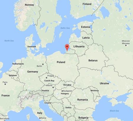 A map showing a portion of Europe with a marker placed in Poland. Surrounding countries include Germany, Czech Republic, Slovakia, Ukraine, Belarus, Lithuania, and the Baltic Sea is visible to the north.