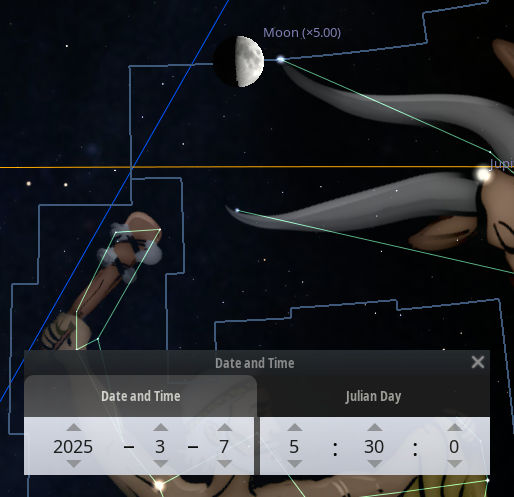 A digital representation of the night sky depicting the Moon magnified five times. Overlaid lines and boxes appear to track celestial bodies, including a depiction related to the Mazzaroth. A graphical interface at the bottom shows date and time settings for March 7, 2025, at 5:30 AM, alongside a Julian Day calculation.