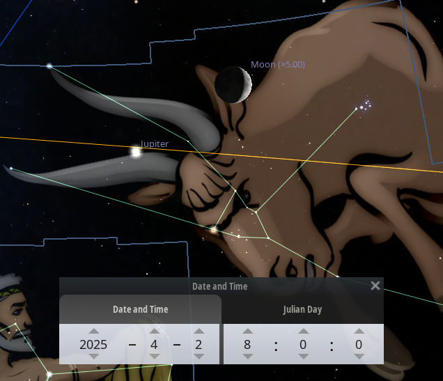 Digital illustration of a starry night sky showing a constellation represented as a bull. Notable celestial objects labeled include Jupiter and the Moon. A graphical interface displays a date and time setting for April 28, 2025.