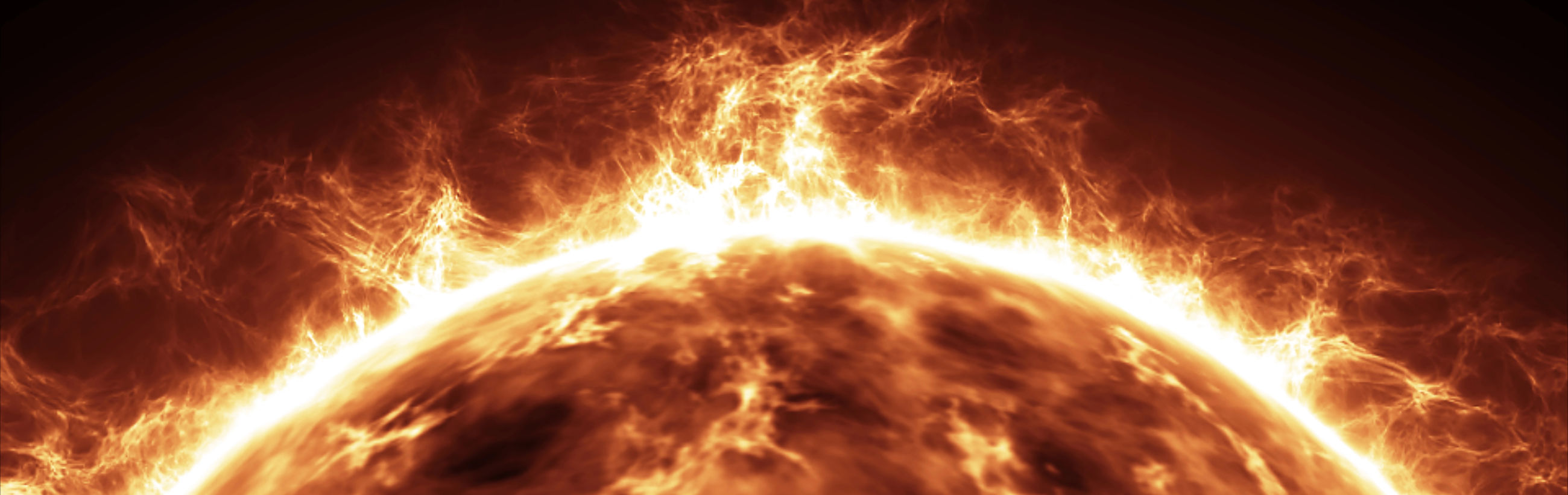 Close-up view of the sun showcasing an intense solar surface with dynamic, swirling patterns of heated plasma and solar flares emanating light and energy.