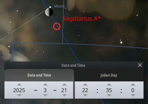 A digital astronomical representation showing the Moon in close alignment with the celestial body Sagittarius A* on March 21, 2025. The background features a starry sky, and there is a graphical interface displaying the date and time.