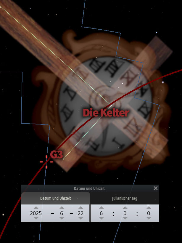Grafische Darstellung eines astronomischen Instruments mit antiken Symbolen darauf, die an Teile der Mazzaroth erinnern, zusätzlich überlagert von roten und gelben Linien sowie blauen Umrissformen. Ein Textfeld zeigt Datum und Uhrzeit für den 22. Juni 2025 im julianischen Kalender.
