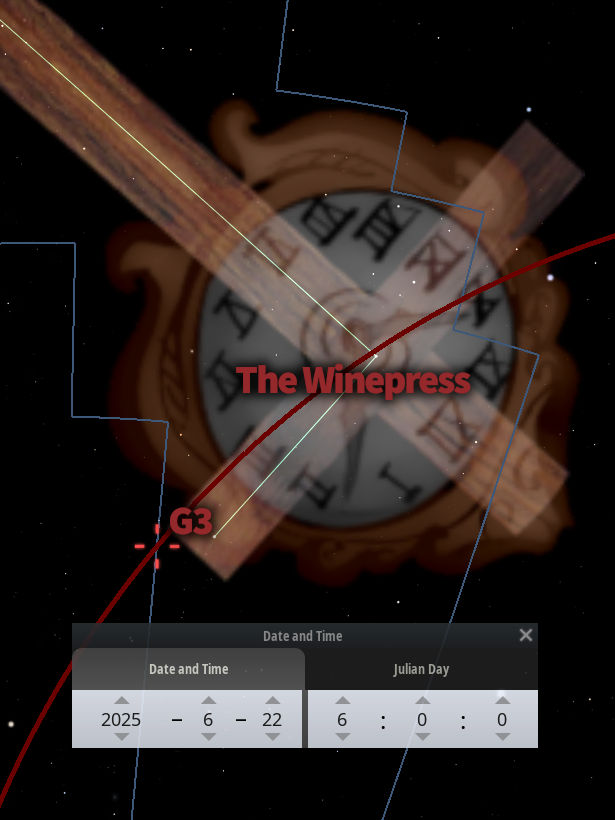 An abstract depiction of a celestial constellation overlaid with graphical elements and light trails. The main feature is a circular device marked with symbols and labeled "The Winepress." Below, a digital interface shows a date set to June 22, 2025.
