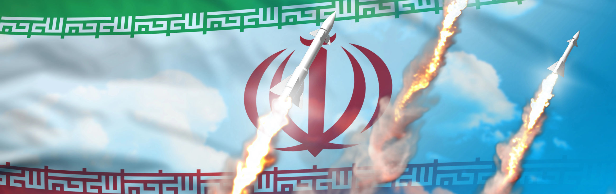 A rocket ascends against a background patterned with a stylized logo that combines geometric shapes and script, intersecting with a band of white featuring streamlined symbols. The rocket, depicted with fiery propulsion, ascends in an intensely blue sky dotted with light clouds.