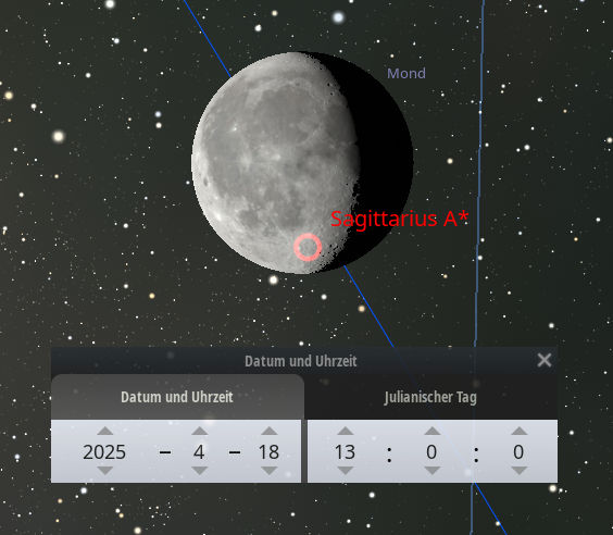 Astronomisches Bild des Mondes vor einem Sternenhintergrund mit markierten Koordinaten, die auf die Stelle am Himmel zeigen, nahe Mazzaroth. Eine Ansicht zeigt ein Interface mit Datum und Zeit auf den 18. April 2025, 13:00 Uhr Julianischer Tag.