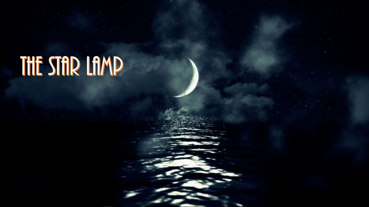 Image depicts a serene night sky with a crescent moon illuminating a dark ocean beneath. Stars twinkle faintly in the cloud-streaked sky, and the celestial bodies' reflections dance softly on the water's surface. The words "THE STAR LAMP" are prominently displayed in elegant, fiery orange font across the top.