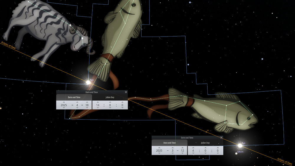 A digital depiction of a starry night sky featuring illustrations of a bull and fish, set against constellations outlined with white lines. At the center is a software interface displaying dates and astronomical data, including references to the Sun's position.