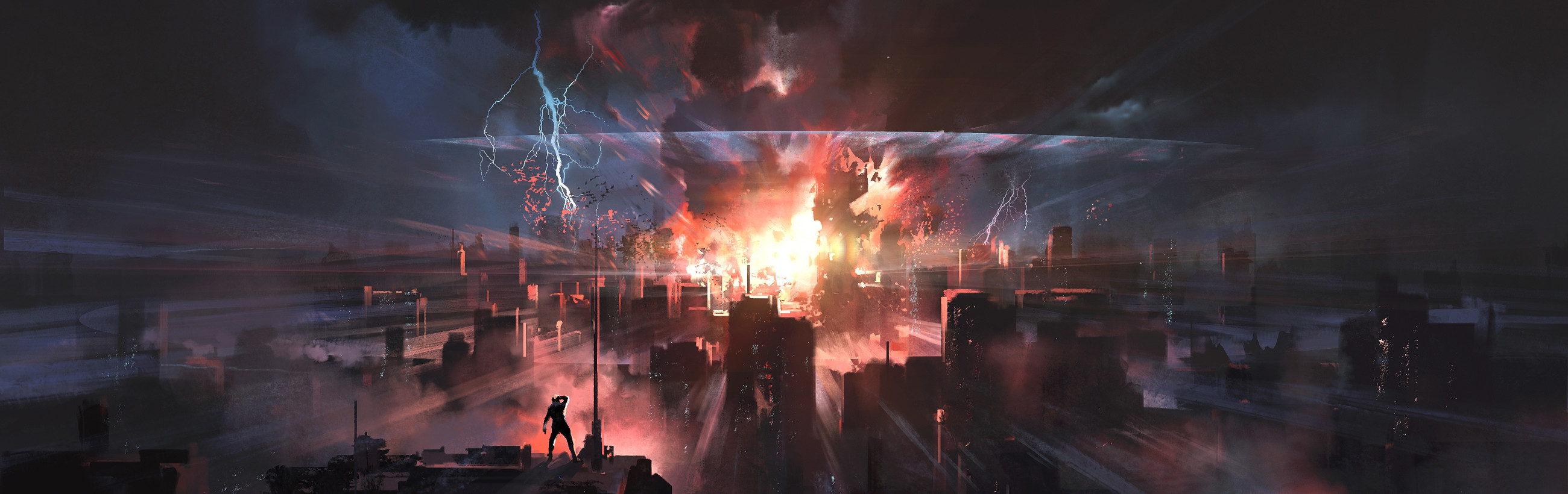 A panoramic illustration of a dramatic cityscape under siege from natural forces. A lone figure stands amidst swirling dark clouds and intense atmospheric disturbances, with multiple bolts of lightning striking down. Glowing embers and a chaotic blend of fiery explosions light the scene, reflecting a catastrophic event impacting an urban environment.