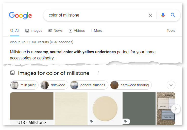 Screenshot of a Google search result page displaying information about the color "millstone". The top search result defines millstone as "a creamy, neutral color with yellow undertones". Below are images of paint samples in various neutral tones including one labeled "U13 - Millstone".