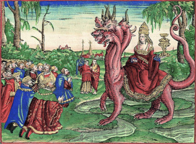 A historical illustration depicting a scene with a large red dragon with seven heads and ten horns, carrying a woman dressed in regal attire holding a golden cup. She is surrounded by a group of people in traditional clothing, observing her from a lush, green landscape.
