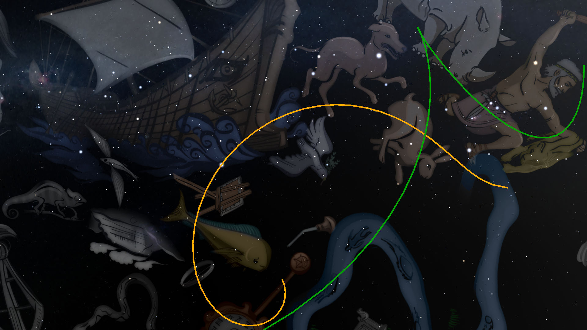 A dark nighttime sky filled with various celestial figures including a cluster of disk-shaped animals and mythic human figures entwined and overlapping in seemingly intricate formations. A ship with massive sails navigates through this cosmic array, surrounded by twinkling stars.