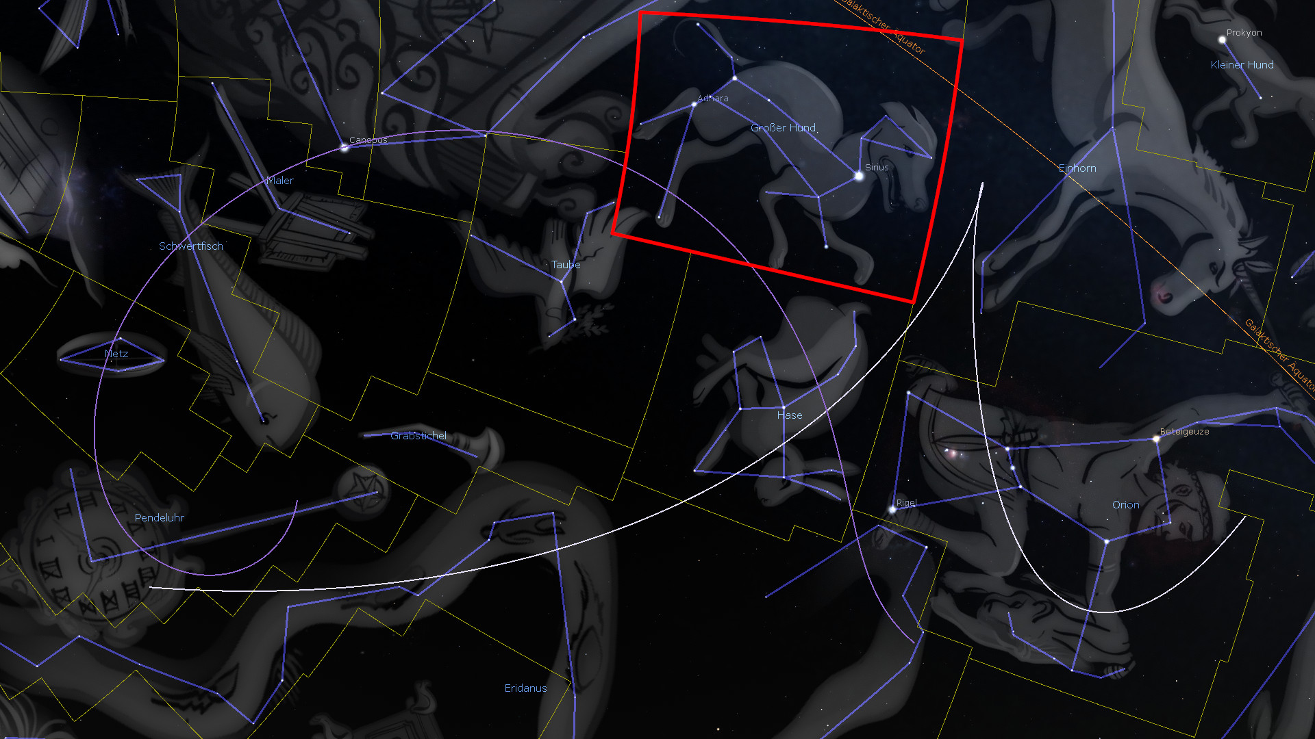 Ein astronomisches Bild, das kunstvolle Darstellungen von Sternenbildern zeigt, mit Linien verbunden, die an wissenschaftliche Konstellationen erinnern, markiert mit Namen wie Sirius und Orion. Ein spezifischer Bereich ist hervorgehoben, der eine Gruppe nahe des Sternbilds des Großen Hundes zeigt, umgeben von wissenschaftlichen und himmlischen Bezeichnungen.