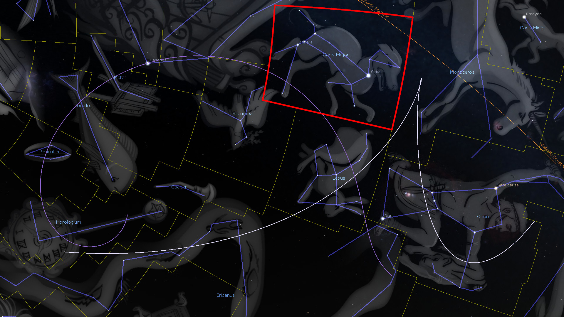 A digital artwork of the night sky map overlaid with constellation figures and star labels. The focus is on a section highlighted in a red square, showing a figure with stars connected by blue lines representing the constellation Canis Major.