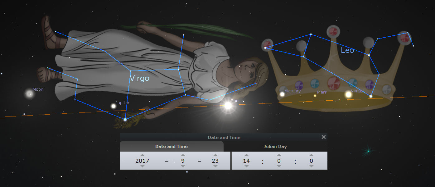 A digital illustration depicting constellations in the night sky, represented as semi-anthropomorphic figures, with the Moon, Jupiter, and the Sun aligned within one figure, and other celestial bodies like Mercury, Mars, and Venus aligned in another. Lines connect stars to outline the figures suggestive of constellations referred to in the Mazzaroth. The image includes a date and time control showing September 23, 2017.