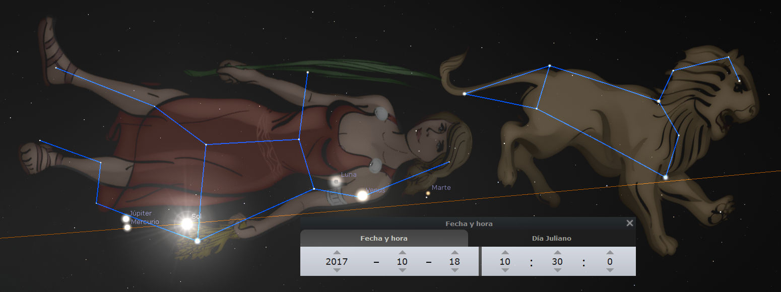 Representación digital del cielo nocturno que muestra dos figuras estilizadas, una mujer con vestidura roja y otra configuración similar a un león, sobre un fondo estelar con planetas y el Sol conectados por líneas que forman constelaciones. En la parte inferior, se muestra una interfaz de usuario con fecha y hora específica.